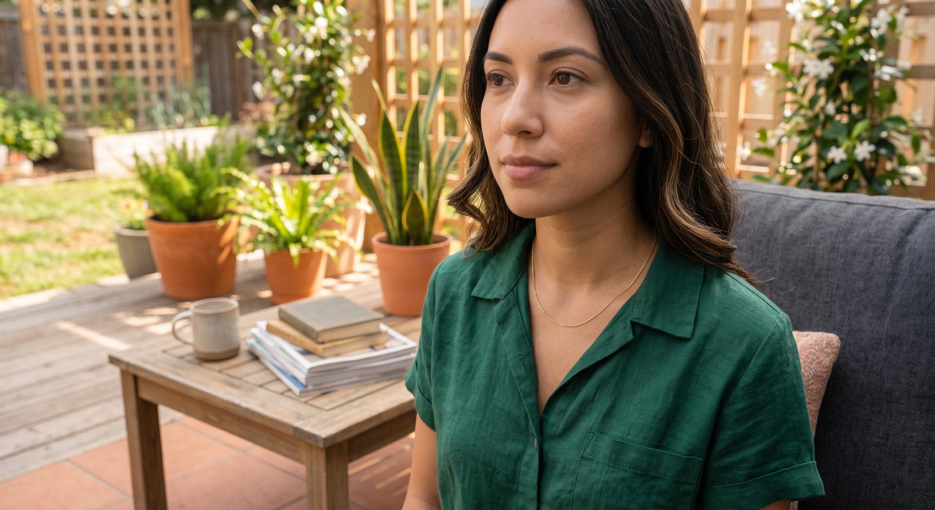 A woman in a green linen shirt wearing a thin gold permanent necklace on a garden patio.